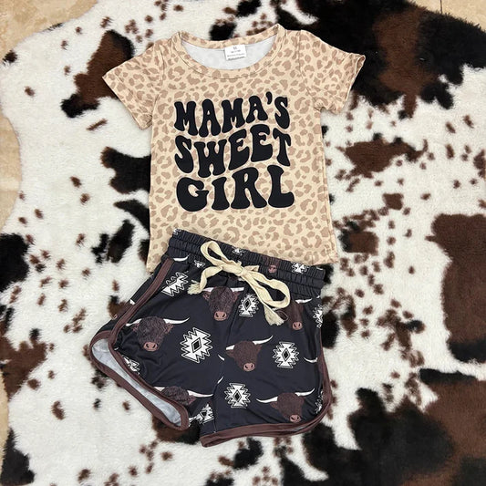 3.14 GT0185+SS0087 Baby Girls Western Mama's Sweet Shirt Cow Shorts Outfits Set