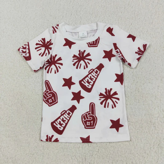 7.25  GT1093 Baby Girls Short Sleeves Dark Red Cheer Stars Team Tee Shirts Top