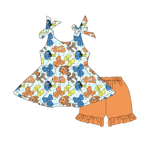 4.19 GSSO2556 Baby Girls Strap Colorful Cartoon Fishes Bows Tunic Orange Ruffle Short Set Preorder