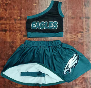 4.30   Preorder moq 3 Baby Girls One Shoulder EAGLES Vest Top Dark Green Skort Set