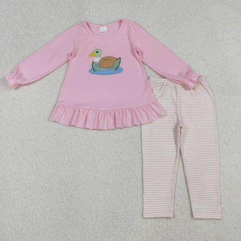10.9 GLP2698 Embroidery Baby Girls Pink Ducks Tunic Stripe Legging Pant Set