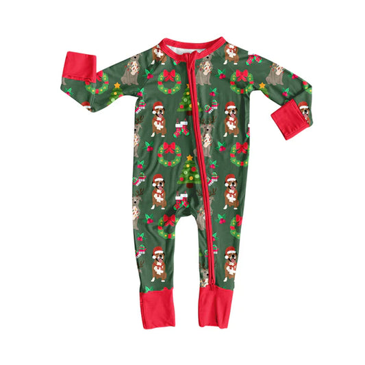 7.25 LR2487 Baby Boys Long Sleeves Christmas Hats Dogs Holly Zipper Rompers Preorder