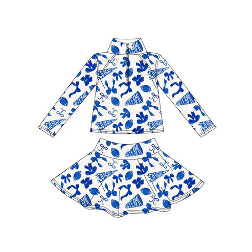 9.2 GLD1283 Baby Girls Hot Blue Bows Go Team Yoga Zipper Pullovers Skorts Clothes Set Preorder