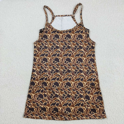 8.13 GSD2735 Adult Women Strap Brown Camo Pockets Yoga Shorts Dress