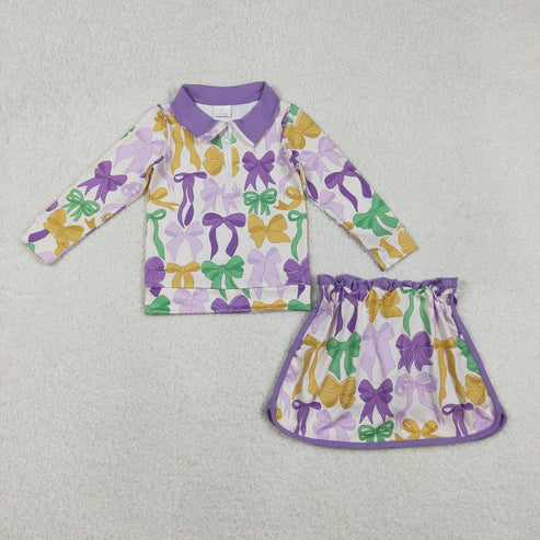 11.17 GLD1333 Baby Girls Bows Checked Zipper Pullover Ruffle Skorts Mardigras Clothes Set