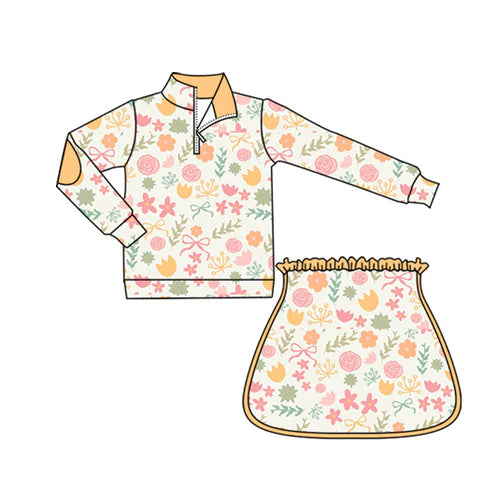 6.14 GLD1080 Baby Girls Long Sleeves Pink Orange Flowers Zipper Top Skirts Set Preorder