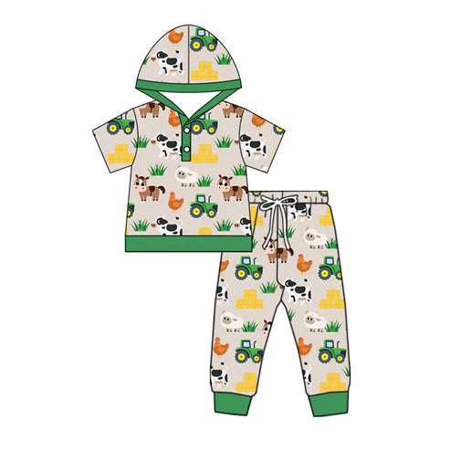 5.22 BSPO0570 Baby Boys Green Short Sleeves Cows Chicks Hoodies Top Pant Farm Set Preorder