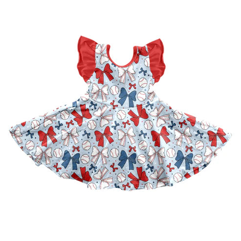 GSD2149 Baby Girls Baseball Bows Flutter Sleeve Twirl Dresses preorder