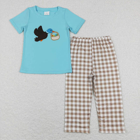 9.16 BSPO0216 Embroidery Egg Basket Wild Goose Blue Short Sleeve Khaki Plaid Pants Suit