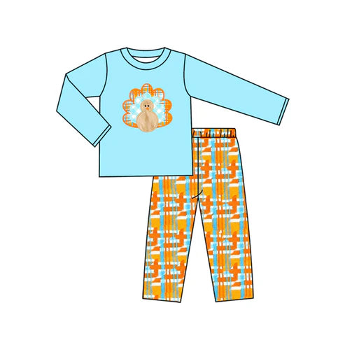 7.29 BLP1182 Baby Boys Long Sleeves Turkey Top Plaid Pants Set Preorder