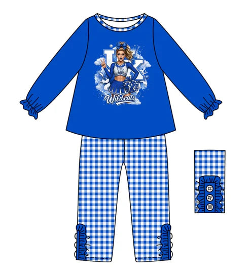 10.11 Custom Moq 8 Baby Girls Blue KU Team Top Plaid Bottom Pants Sets