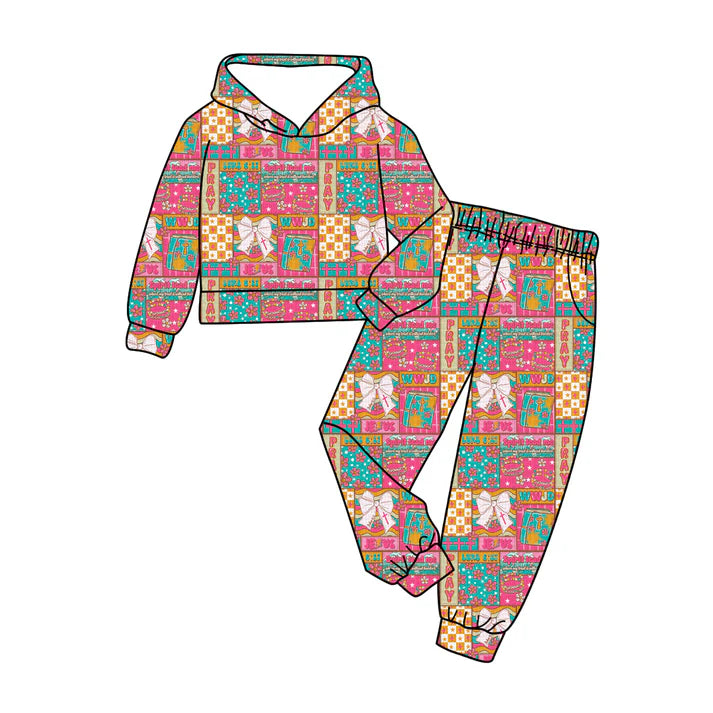 9.26  GLP2891 Baby Girls Pink Bows Flowers Checked Hoodies Pockets Jogger Clothes Sets Preorder