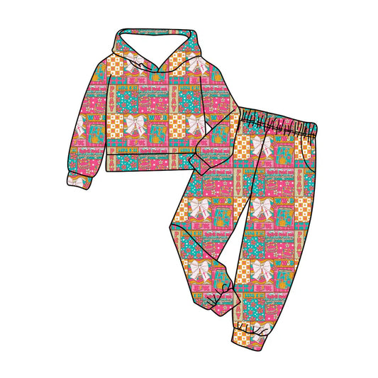 9.26  GLP2891 Baby Girls Pink Bows Flowers Checked Hoodies Pockets Jogger Clothes Sets Preorder