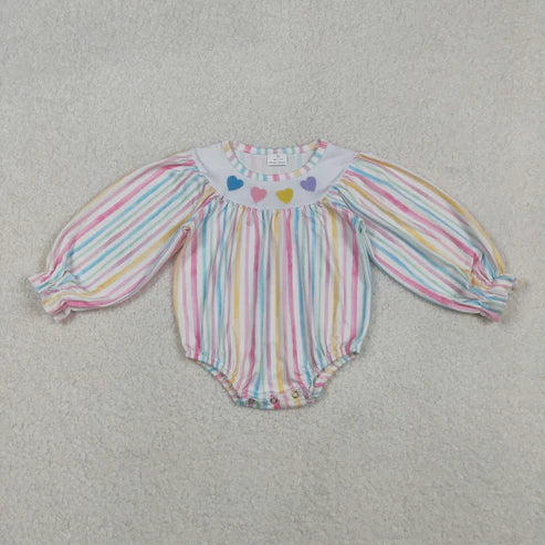 11.8 LR2695 Embroidery Baby Girls Colorful Stripe Hearts Valentine Ruffle Romper