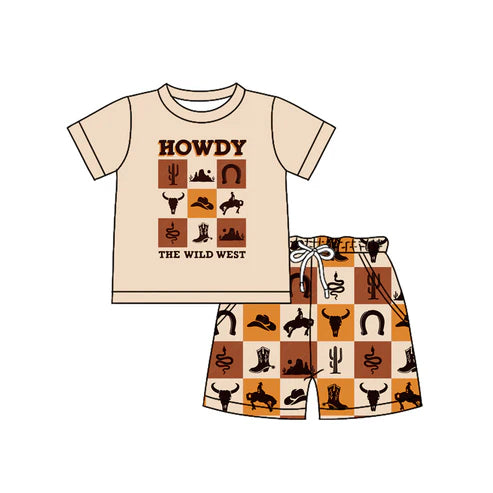 6.18 BSSO1531 Baby Boys Khaki Short Sleeves Top Bull Skull Pockets Short Western Set Preorder