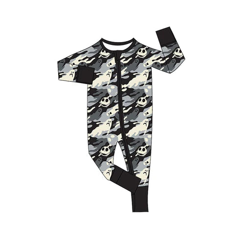 7.30LR2434 Baby Boys Long Sleeves Black Camo Ghost Smiles Zipper Rompers Preorder