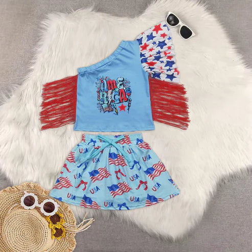 5.5 GT0942+GLK0050 Baby Girls 4th of July America Fringe Shirt Flag Bow Skorts Outfit