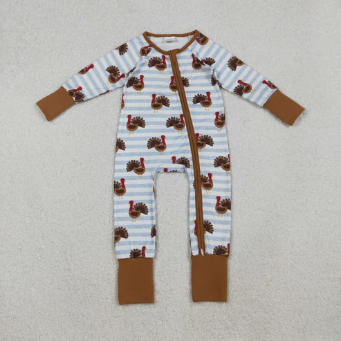 10.17 LR1191 Baby Infant Boys Thanksgiving Turkey Stripe Zipper Footie Romper