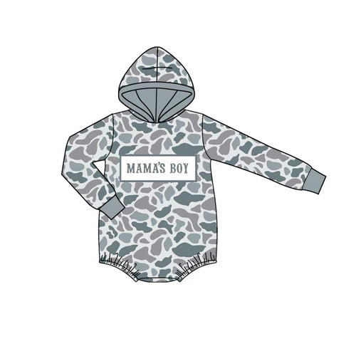 10.23  LR2794 Baby Boys Grey Camo Mama's Boy Hoodie Rompers Preorder