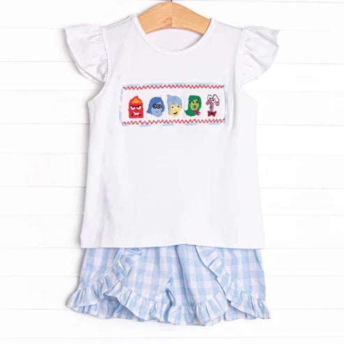 4.24 GSSO2593 Baby Girls Flutter Sleeves Cartoon Dolls Top Blue Plaid Ruffle Short Set Preorder