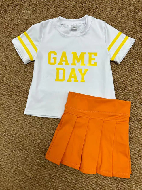 8.23 GT1115+GLK0109 Baby Girls Vinyl Yellow Game Day Top Orange Pleated Skorts Yoga Active Team Set