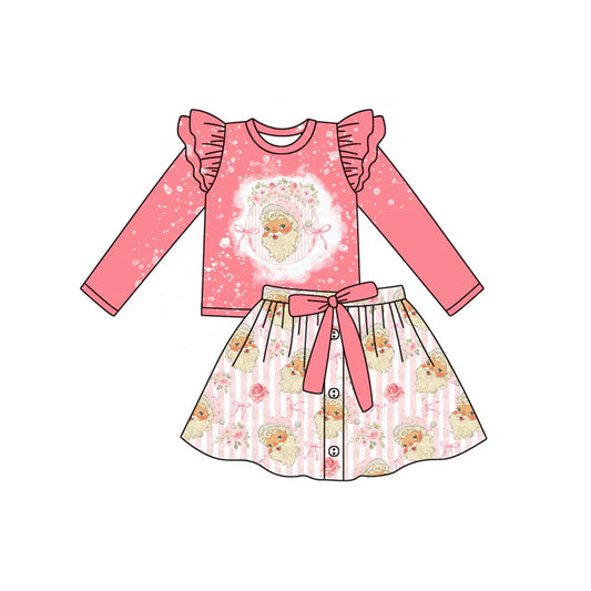 6.14 GLD1067 Baby Girls Pink Long Sleeves Bows Santa Top Button Short Skirts Set Preorder