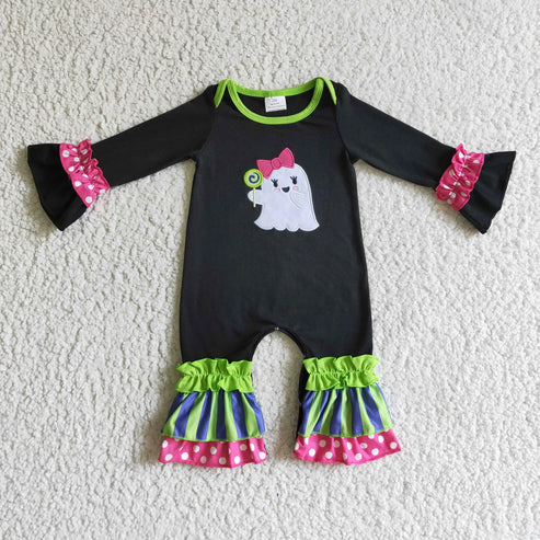 9.20 Sibling Baby Girls Green Stripe Embroidery Ghost Tunic Ruffle Pants Halloween Clothes Sets Rompers