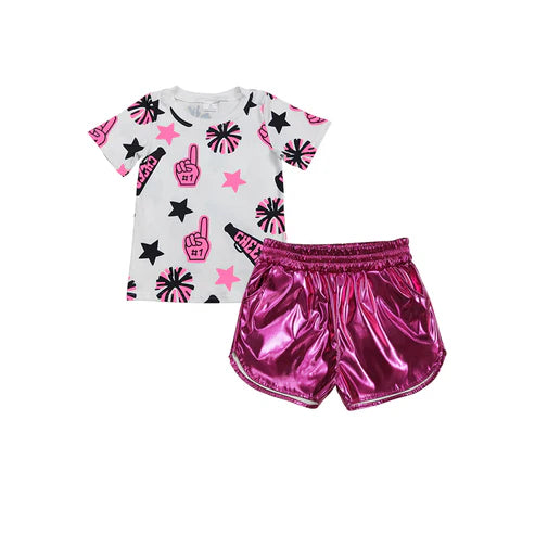 4.11 GSSO2516 Baby Girls Pink Firework Stars Top Pockets Pleather Short Set Preorder