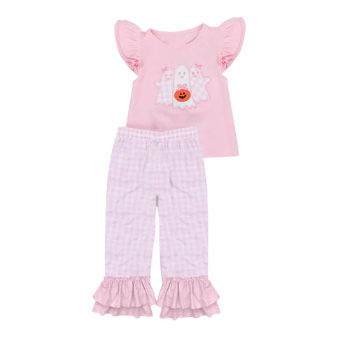 7.30 GSPO2058 Baby Girls Ghosts Pumpkins Top Plaid Pant Halloween Set Preorder