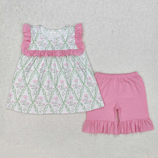 3.14 GSSO2013 Baby Girls Green Bows Pink Flowers Tunic Shorts Set