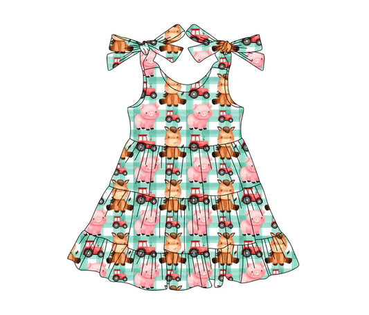 3.25 GSD2236 Baby Girls Green Plaid Strap Trucks Pigs Farm Knee Length Dresses Preorder