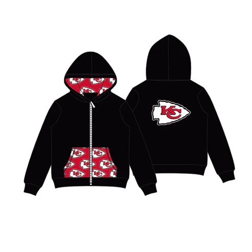 8.11  Custom Moq 5 Baby Boys Black KC Team Pocket Zipper Hoodies Tops