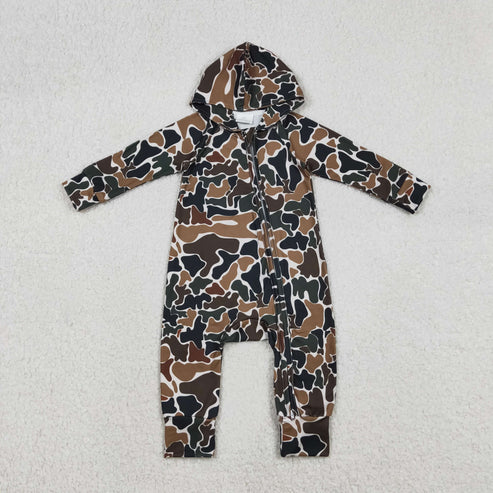 12.8 LR2815 Baby Boys Southern Dark Brown Camo Hoodie Two Way Zip Convertible Romper