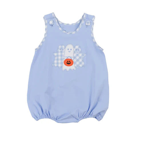 7.30 SR3197 Baby Boys Blue Ghost Pumpkins Halloween Ruffle Rompers Preorder