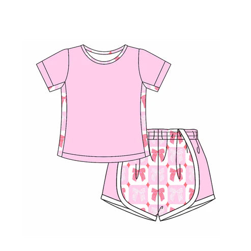 4.21 GSSO2569 Baby Girls Pink Short Sleeves Top Bows Plaid Shorts Set Preorder