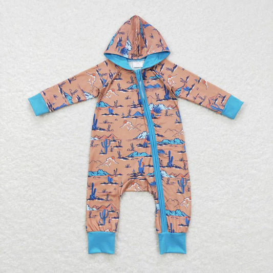 LR0702 Desert Cactus Brown Blue Hooded Zipper Long Sleeve Jumpsuit