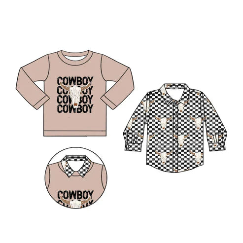 7.5 Custom Moq 3 Baby Boys Long Sleeves Bull Skull Cowboy 2 Piece Shirts Top