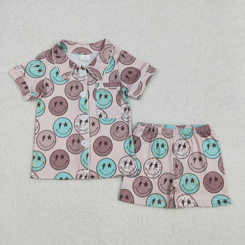 GSSO1545 Baby Girls Blue Smile Buttons Shirts Shorts Pajamas Clothing Set