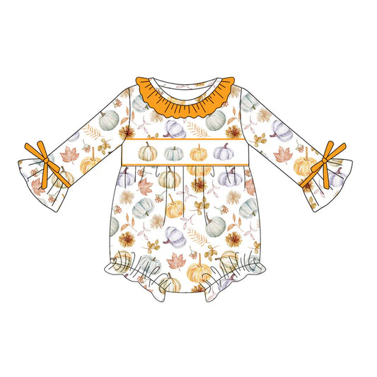 6.18  LR2196 Baby Girls Long Ruffle Sleeves Pumpkins Flowers Ruffle Rompers Preorder