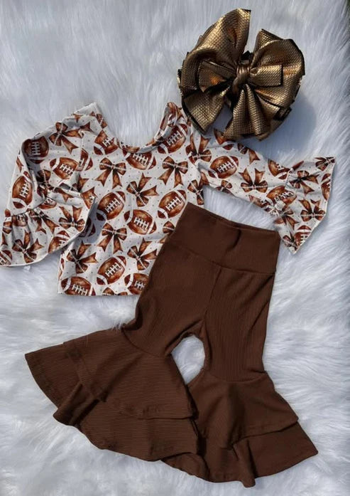 9.2 GLP2787 Baby Girls Ruffle Sleeve Footballs Bows Top Bell Bottom Pants Team Set Preorder