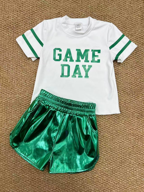 8.25 GT1103+SS0410 Baby Girls Vinyl Green Game Day Top Leather Shorts Team Active Set