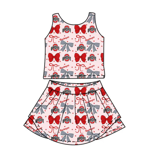 7.2 Custom Moq 3 Baby Girls Strap OSU Bows Plaid Short Ruffle Team Knee Length Dresses