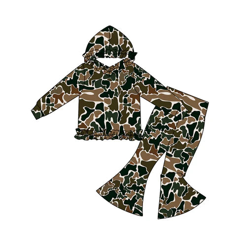 11.3 GLP3078 Baby Girls Dark Brown Camo Ruffle Hoodies Bell Bottom Pants Southern Clothes Sets Preorder