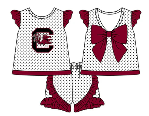5.8 Girls custom Team Polka Dot bow short sleeve shorts set