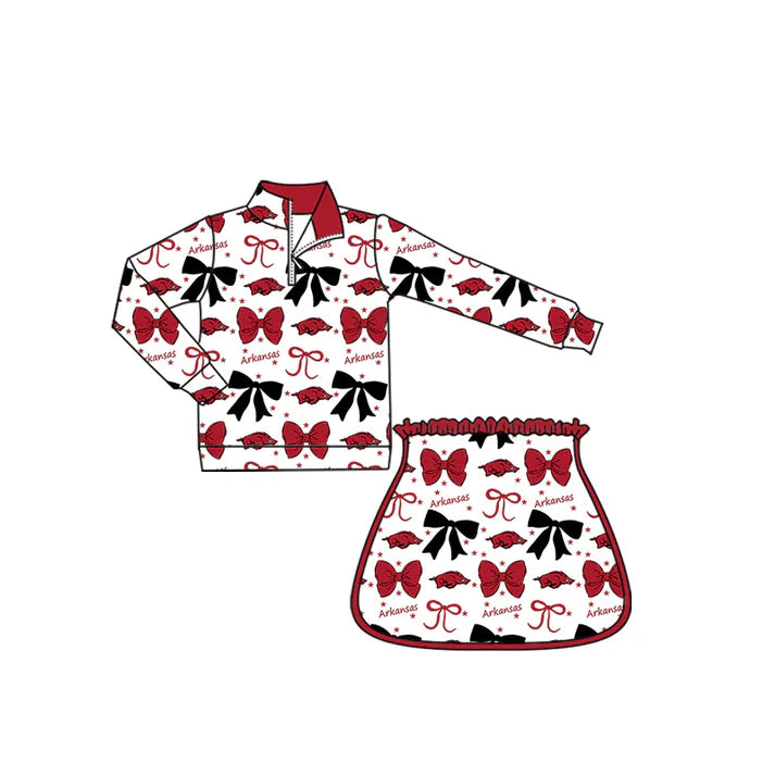 9.5 Custom Moq 5 Baby Girls Red Arkansas Bows Team Zip Pullovers Skort Team Clothes Sets