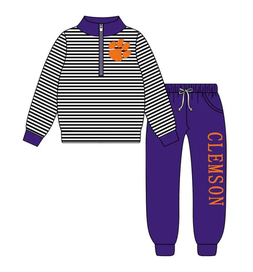 9.4 Custom Moq 5 Baby Boys Clemson Team Purple Zipper Pullovers Top Clothes Set