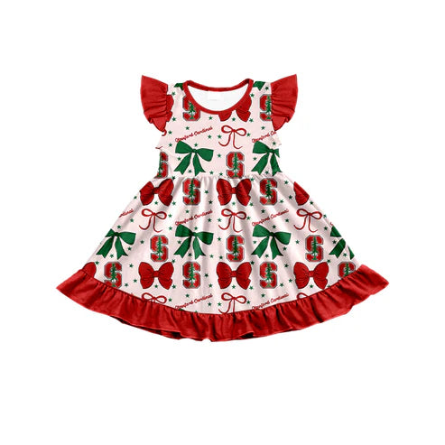 7.3 Custom Moq 3 Baby Girls Flutter Sleeves SU Bows Team Knee Length Dresses