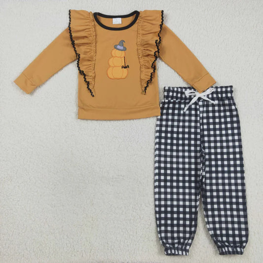 8.21 GLP2445 Baby Girls Orange Long Sleeves Hat Pumpkins Top Black Plaid Pant Set