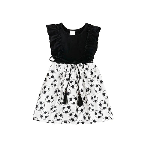 GSD2174 Baby Girls Black Flutter Sleeves Footballs Belt Knee Length Dresses Preorder