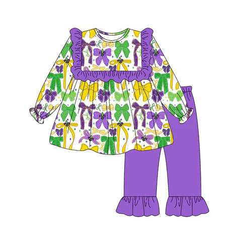 9.19  GLP2856 Baby Girls Green Yellow Purple Bows Tunic Ruffle Pants Mardi Gras Clothes Sets Preorder